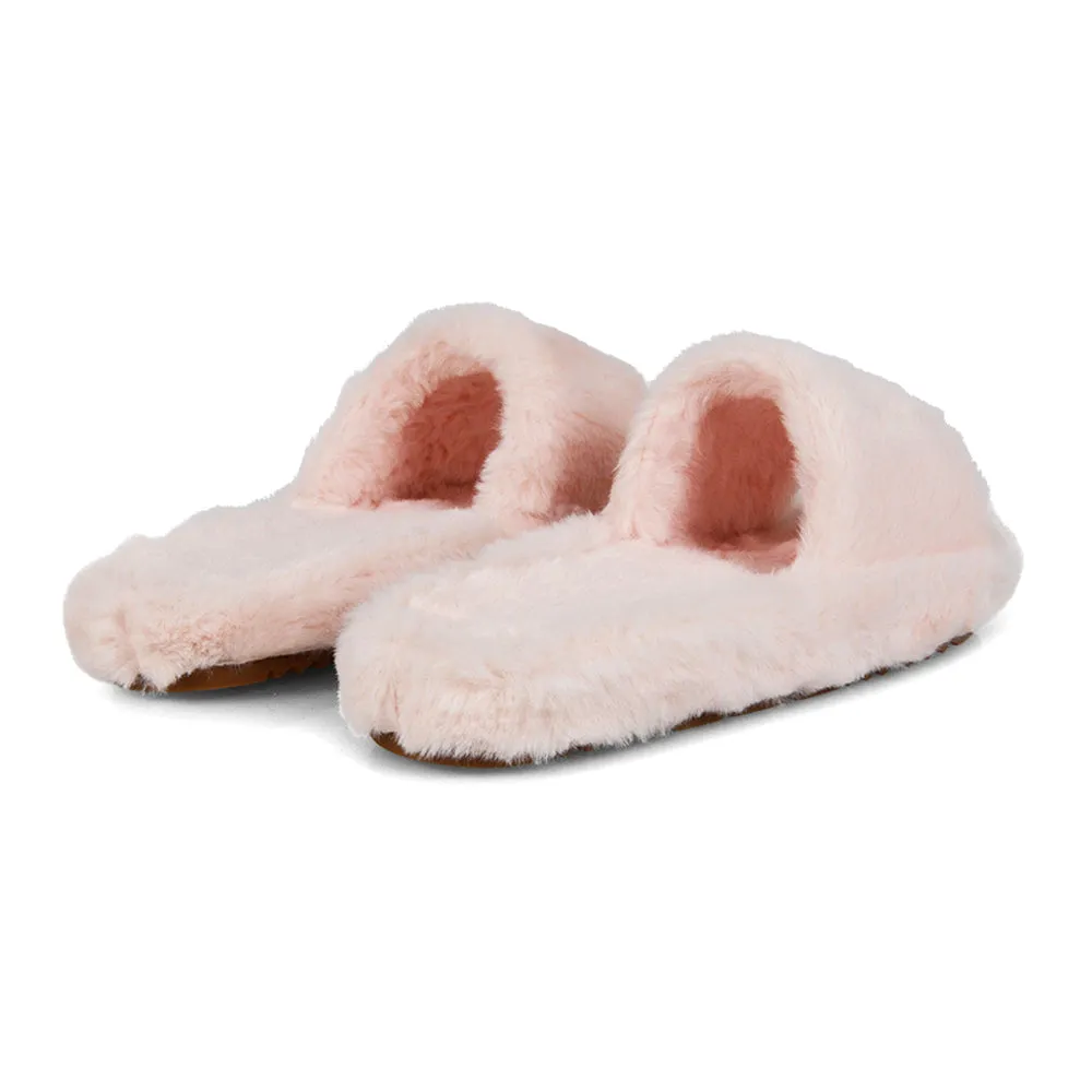 Tally Flat Fluffy Faux Fur Thick Front Strap Slider Women???s Slippers in White