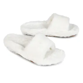Tally Flat Fluffy Faux Fur Thick Front Strap Slider Women???s Slippers in White