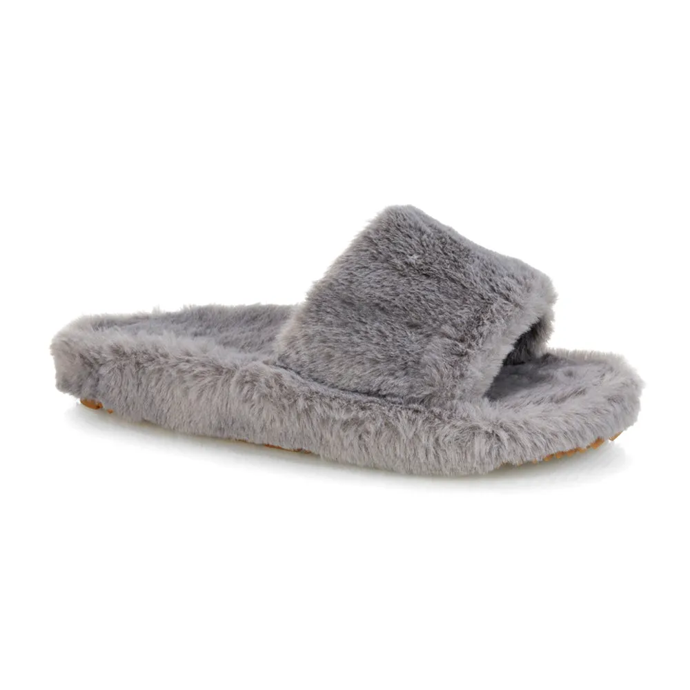 Tally Flat Fluffy Faux Fur Thick Front Strap Slider Women???s Slippers in White