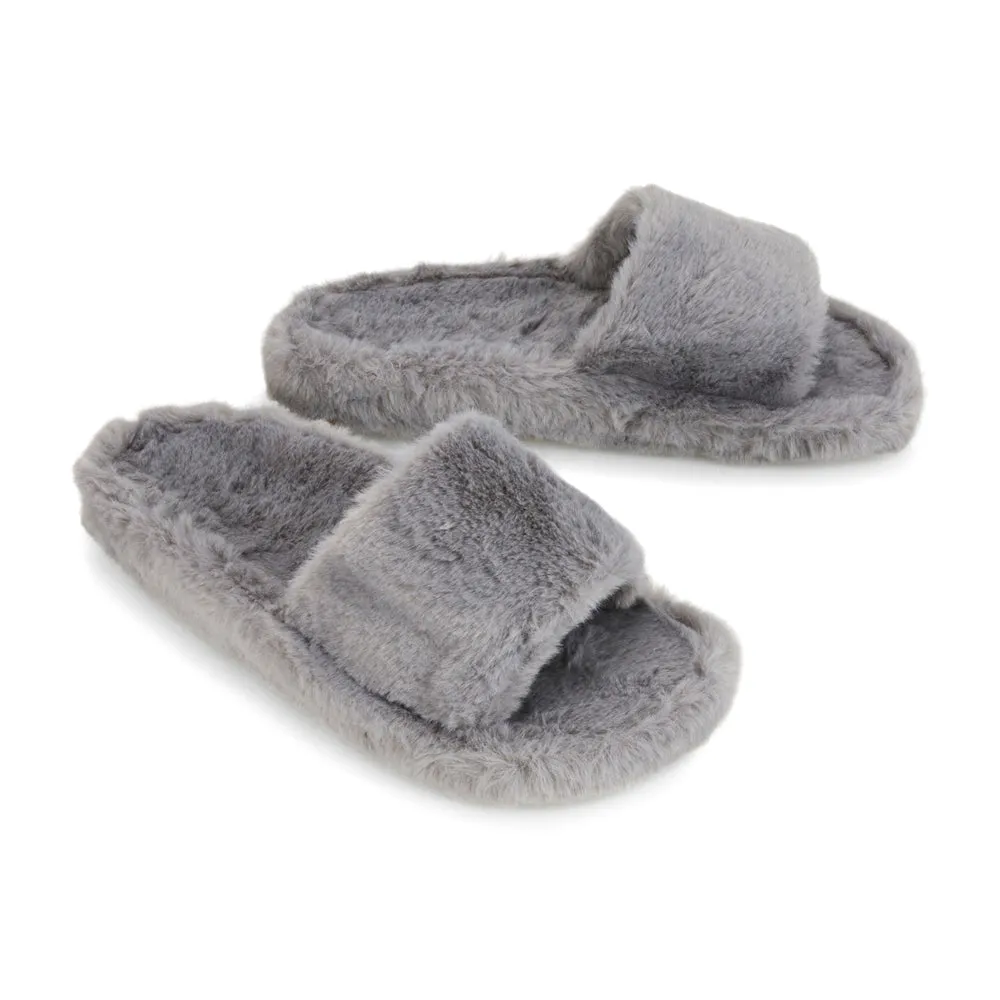 Tally Flat Fluffy Faux Fur Thick Front Strap Slider Women???s Slippers in White