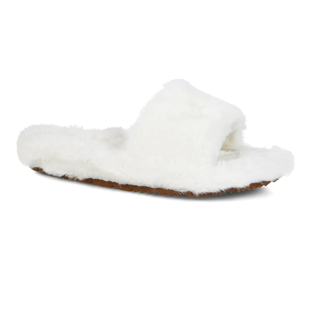 Tally Flat Fluffy Faux Fur Thick Front Strap Slider Women???s Slippers in White