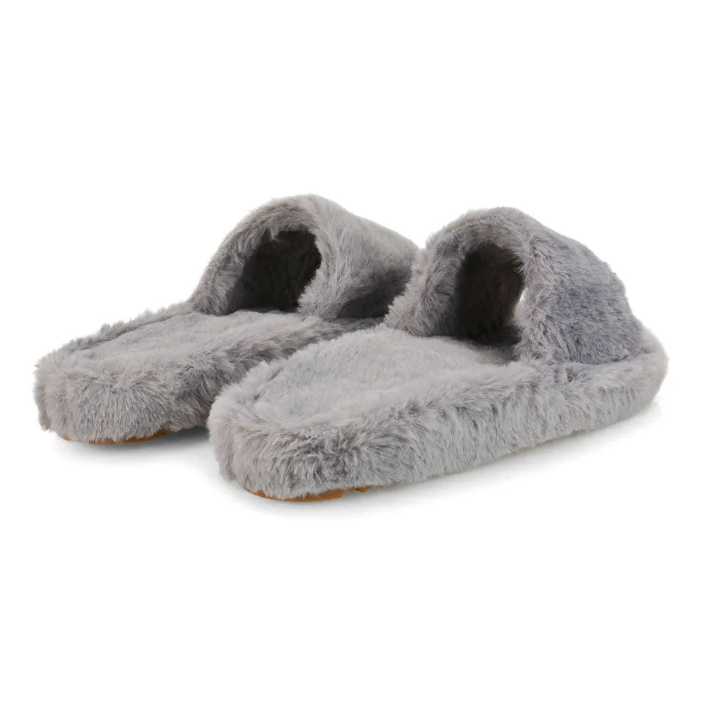 Tally Flat Fluffy Faux Fur Thick Front Strap Slider Women???s Slippers in White