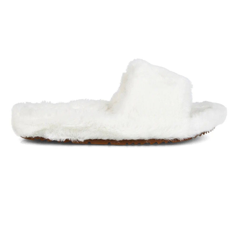 Tally Flat Fluffy Faux Fur Thick Front Strap Slider Women???s Slippers in White