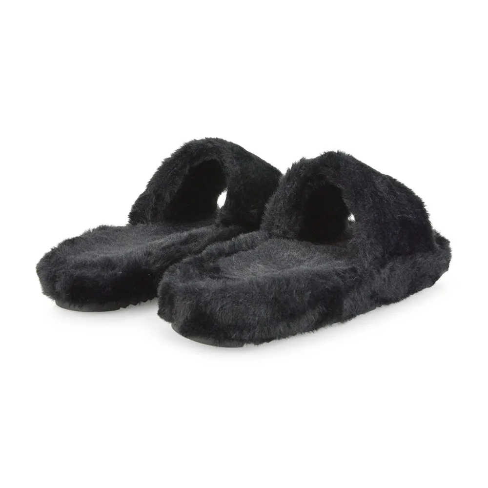 Tally Flat Fluffy Faux Fur Thick Front Strap Slider Women???s Slippers in White