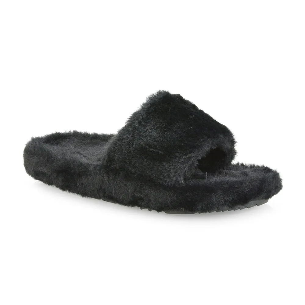 Tally Flat Fluffy Faux Fur Thick Front Strap Slider Women???s Slippers in White