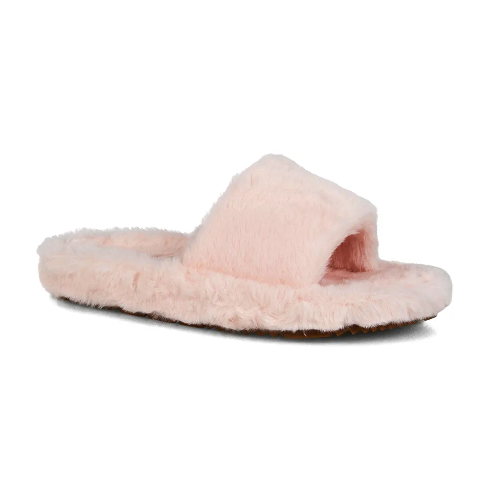 Tally Flat Fluffy Faux Fur Thick Front Strap Slider Women???s Slippers in White