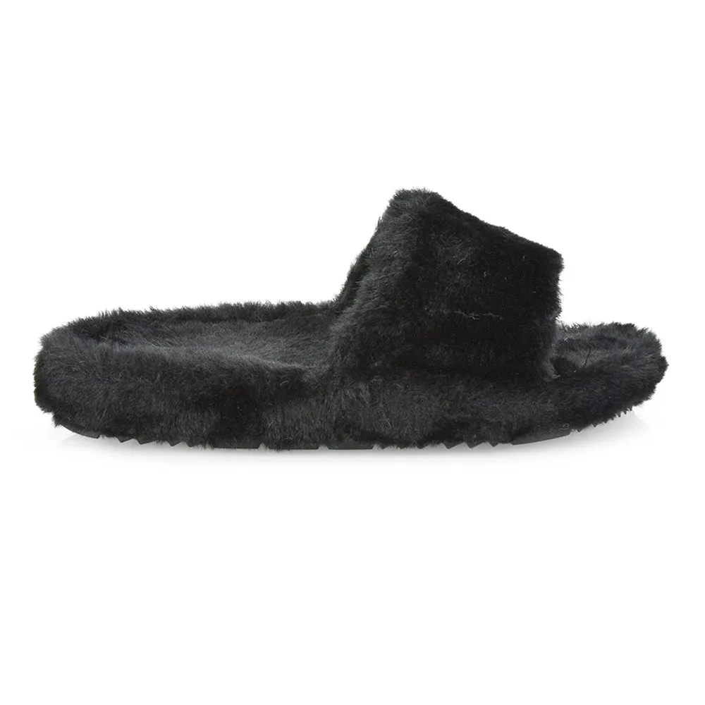 Tally Flat Fluffy Faux Fur Thick Front Strap Slider Women???s Slippers in White