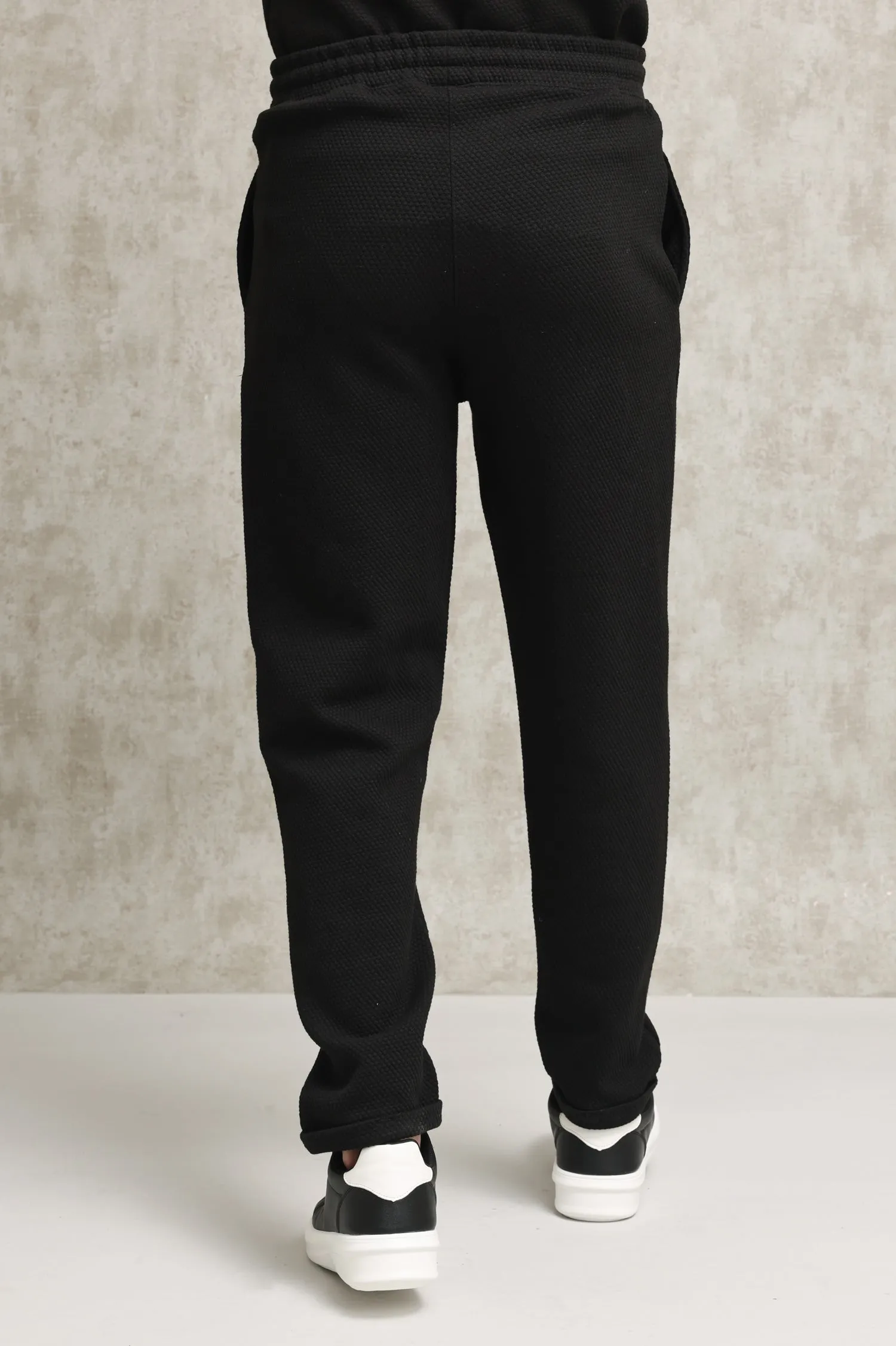 TEXTURED KNIT JOGGERS WITH DRAWSTRING WAIST-BLACK