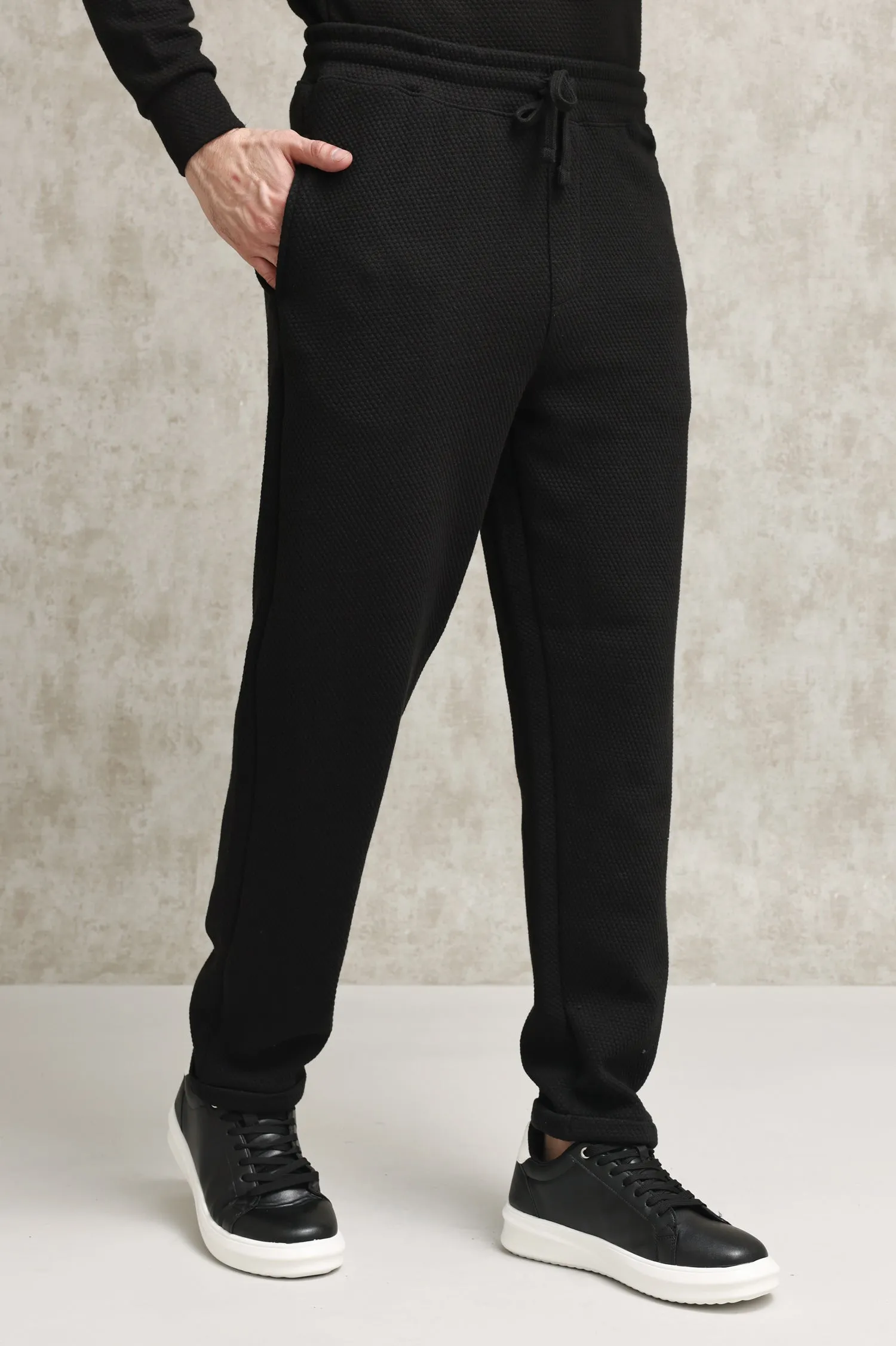 TEXTURED KNIT JOGGERS WITH DRAWSTRING WAIST-BLACK